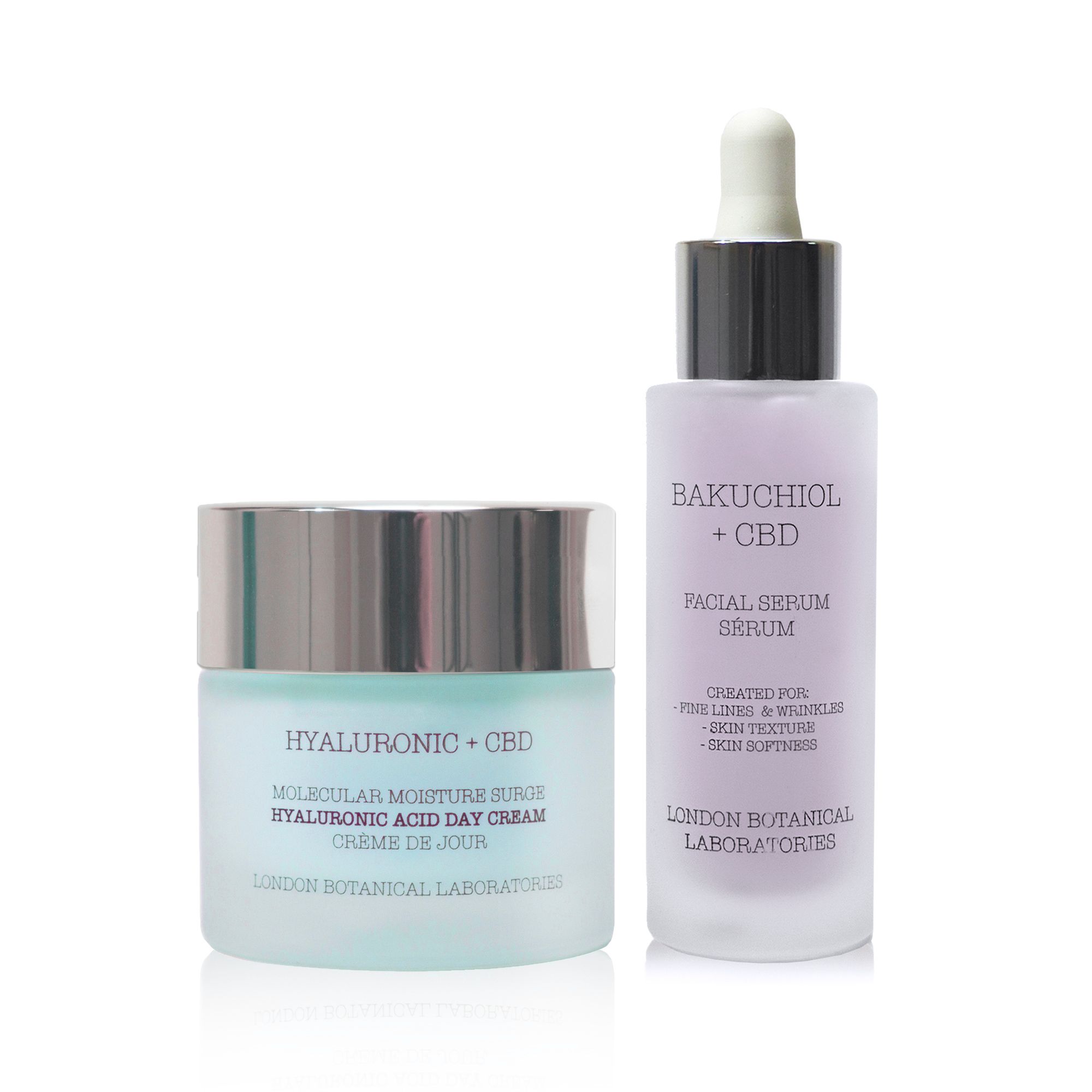 Creme- und Serumflasche. Aufschrift: Hyaluronic + CBD, Bakuchiol + CBD. London Botanical Laboratories.