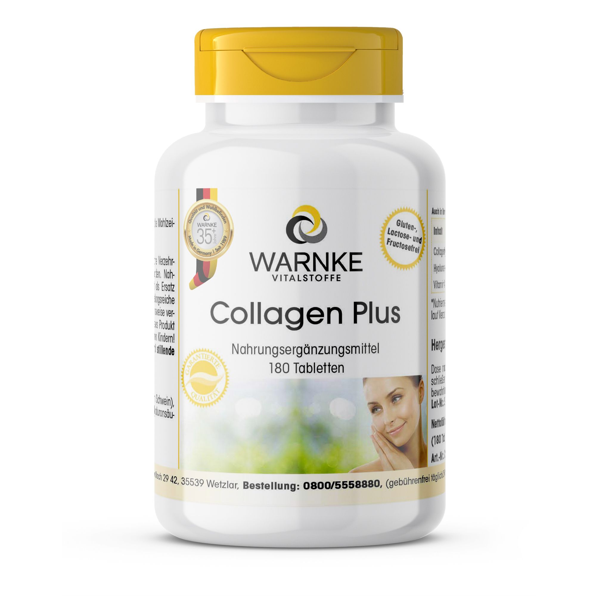 Weißes Pillenbehälter mit gelbem Deckel. Aufschrift: Warnke Vitalstoffe Collagen Plus, 180 Tabletten. Siegel und Frauengesicht.