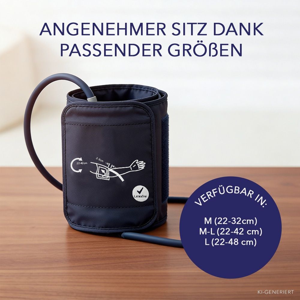 Dunkelblaue Manschette mit Größenangaben M (22-32cm), M-L (22-42cm), L (22-48cm). Text: Angenehmer Sitz dank passender Größen.