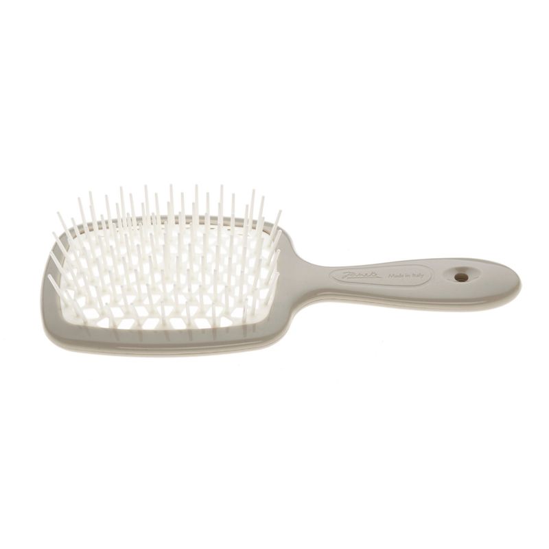 Graue Haarbürste mit weißem Borstenfeld und Griff. Quadratischer Bürstenkopf mit abgerundeten Ecken. Marke Janeke.