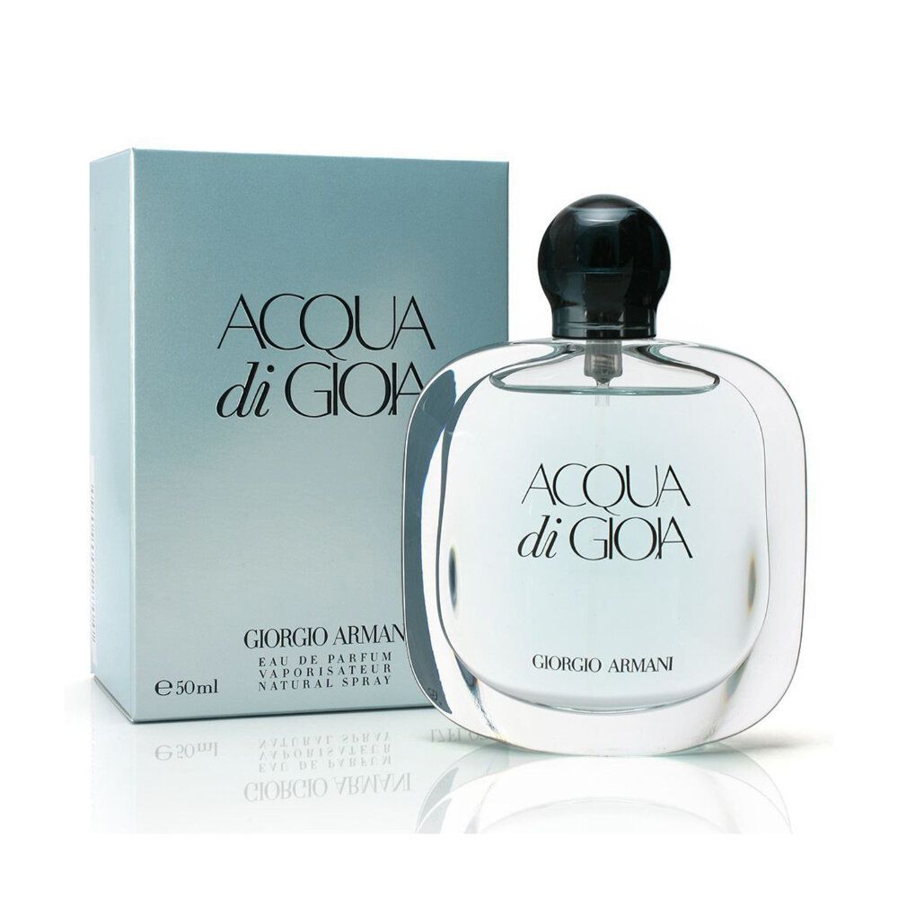 Flakon und Verpackung von ACQUA di GIOIA. Eckiger Flakon, schwarzer Deckel. Aufschrift: ACQUA di GIOIA, GIORGIO ARMANI. Verpackung daneben.