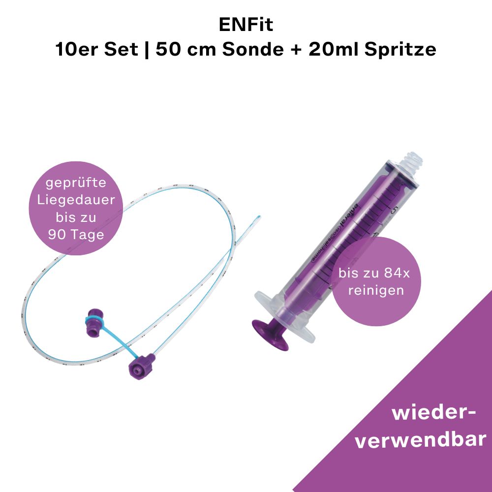ENFit-Sonde und 20ml Spritze. Beschriftung: 'geprüfte Liegedauer bis zu 90 Tage' und 'bis zu 84x reinigen'. Wiederverwendbar.