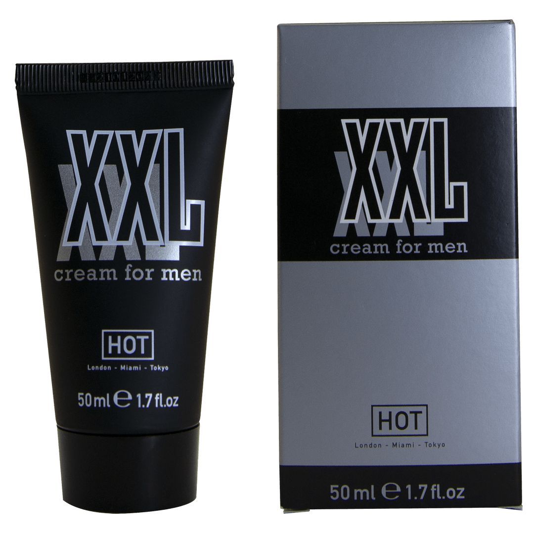 Schwarze Tube und graue Schachtel. Tube: XXL cream for men, HOT, 50ml. Schachtel: XXL cream for men, HOT, 50ml.