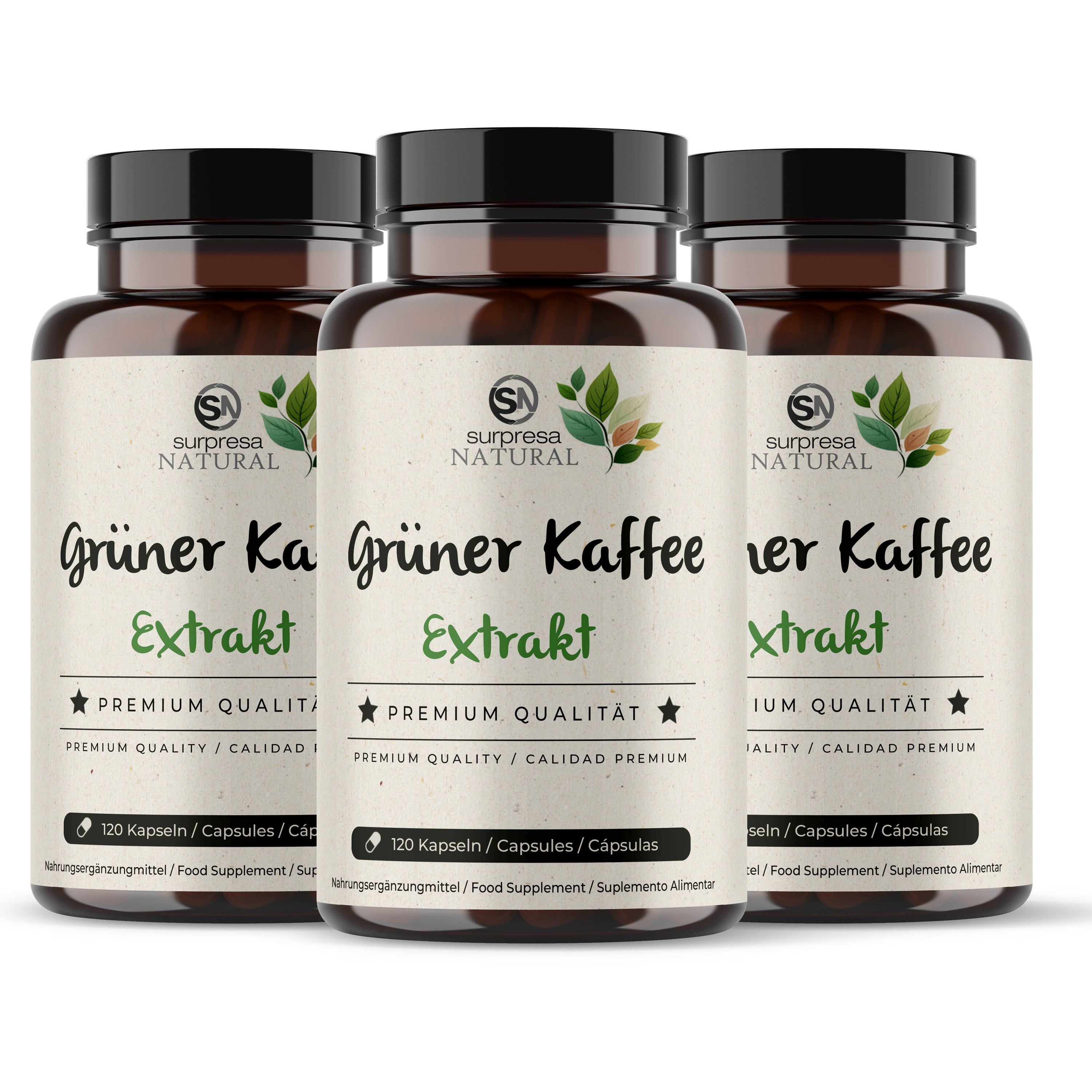 Drei braune Kapseln, Etikett: Grüner Kaffee Extrakt, 120 Kapseln.