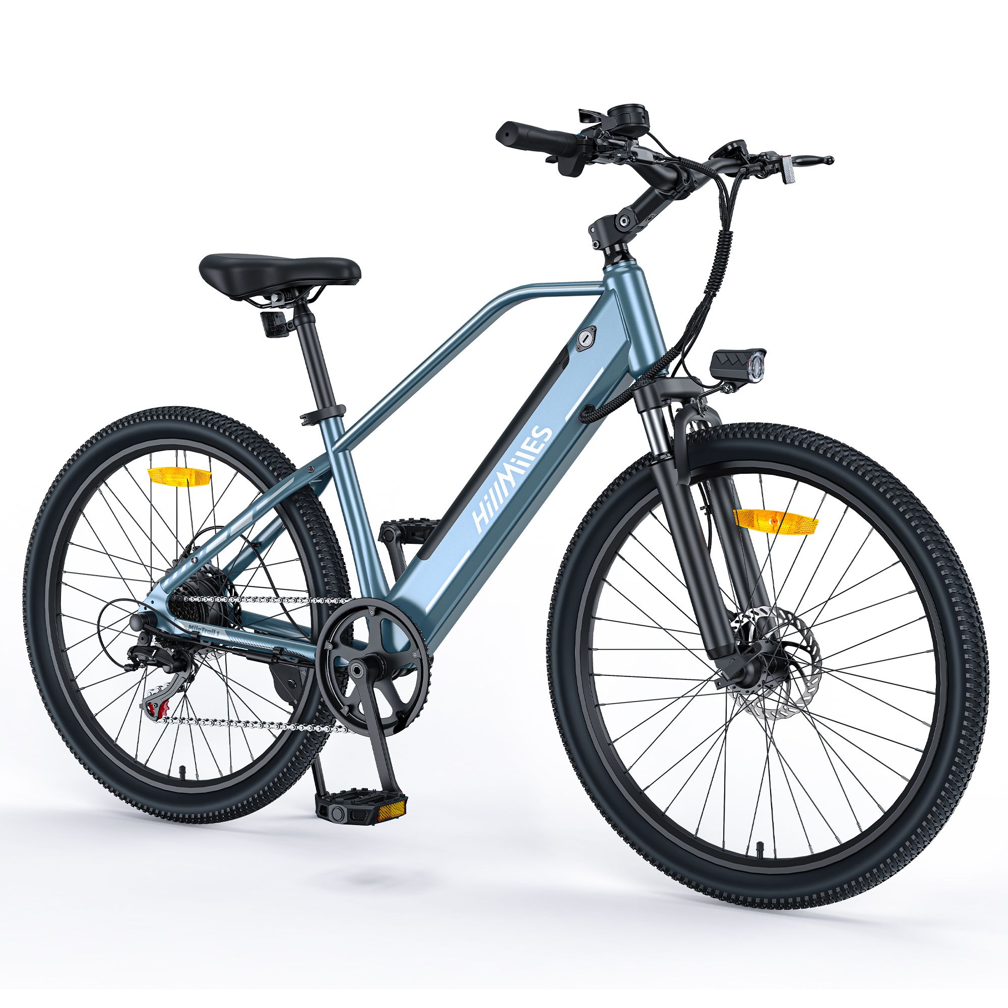 Blaues E-Bike mit schwarzen Reifen. Marke HillMiles. Scheinwerfer, Sattel, Pedale und Lenker sichtbar. Gelbe Reflektoren an den Rädern.