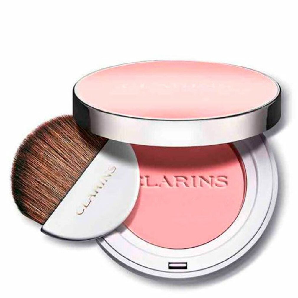 Rouge CLARINS JOLI BLUSH 01. Runde Dose mit Puder, Pinsel. Dose mit silbernem Rand, rosa Deckel. Pinsel mit weißem Griff. Marke sichtbar.