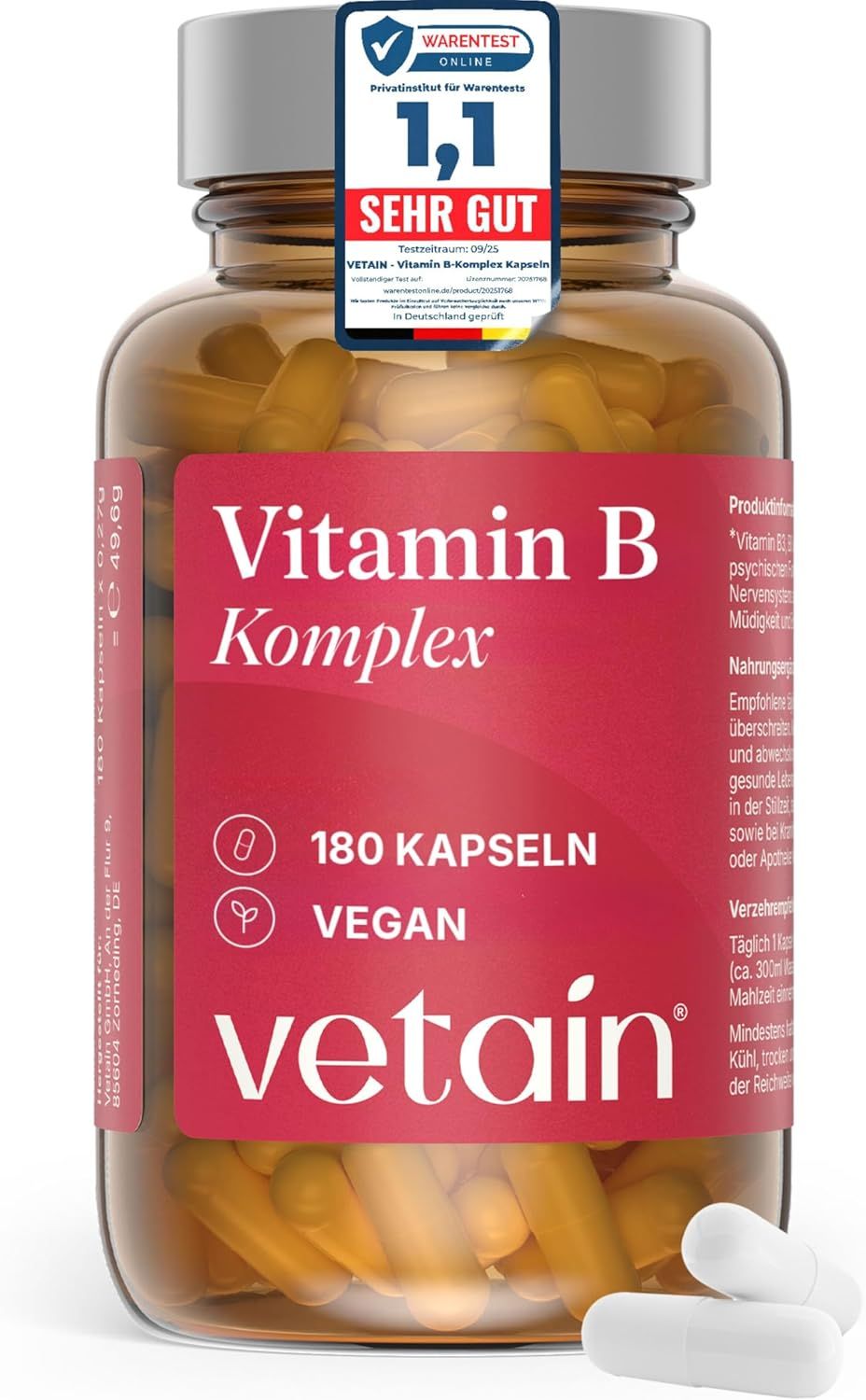 Vetain Vitamin B Komplex Flasche mit 180 Kapseln, vegan, mit Siegel 'Sehr Gut'.
