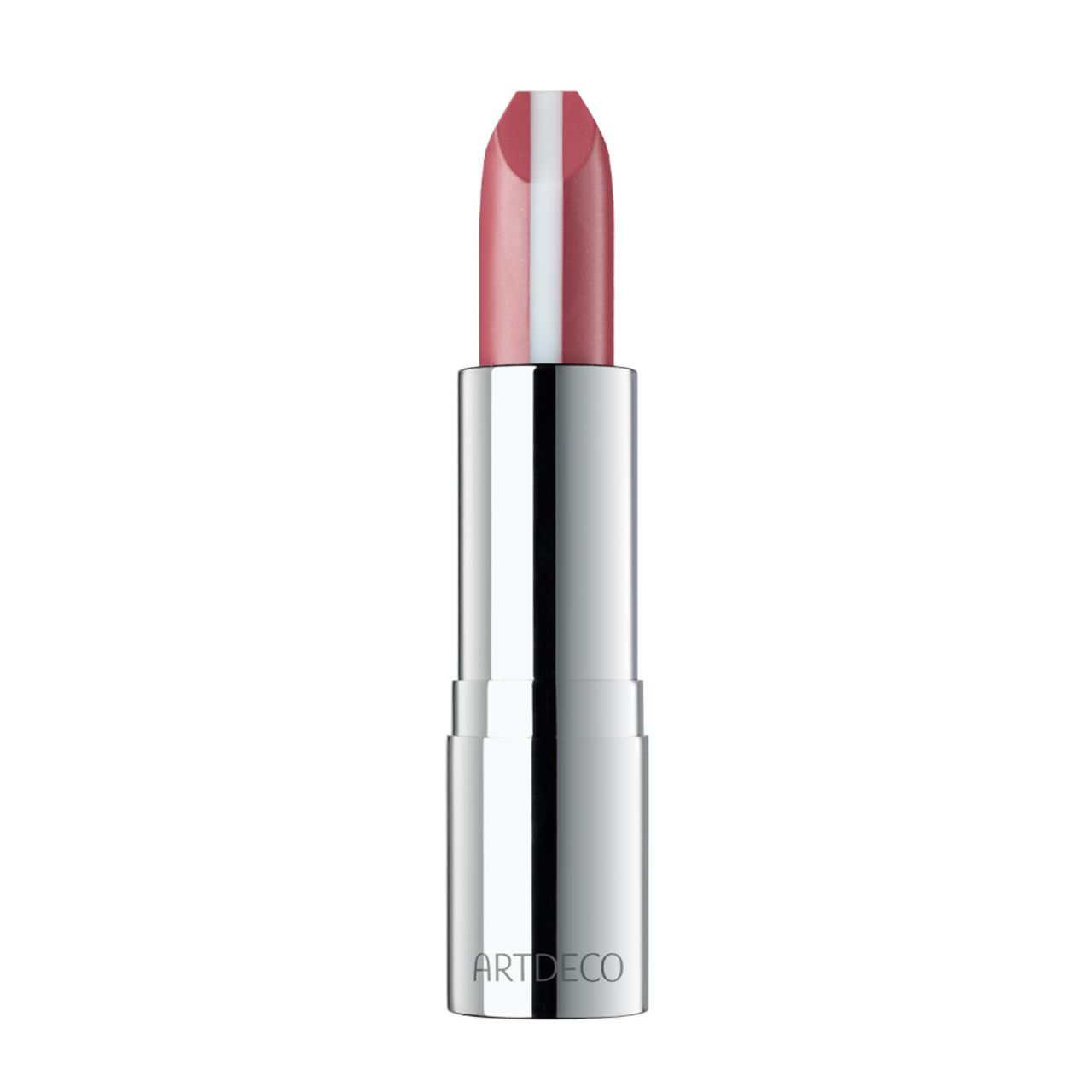 Lippenstift mit silberner Hülse. Der Lippenstift hat eine rosa Farbe mit einem weißen Streifen. Der Schriftzug ARTDECO ist auf der Hülse zu sehen.