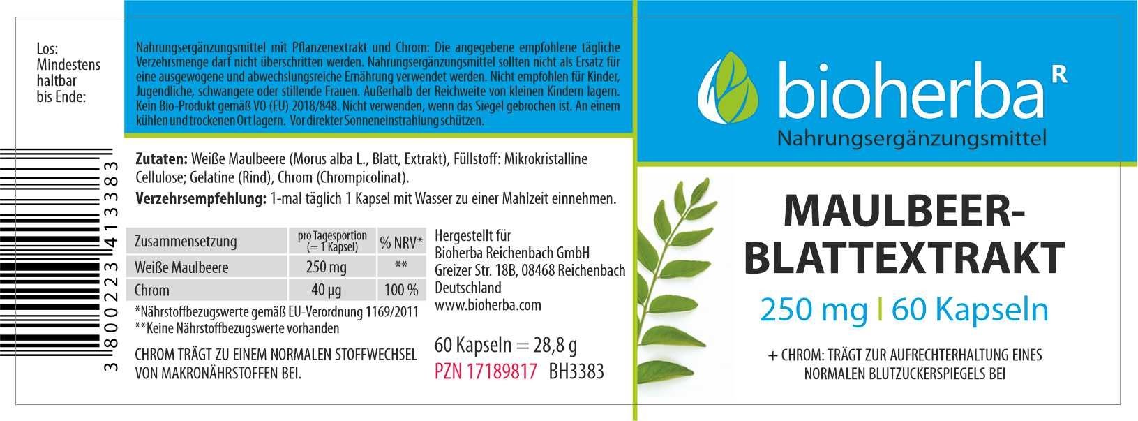 Etikett mit Produktname, Dosierung und Marke Bioherba. Enthält 60 Kapseln. Enthält auch Informationen zur Zusammensetzung.