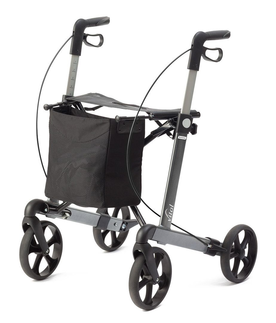 Rollator grau, 4 Räder, Sitz, Korb. Vital Classic. Griffe, Bremsen, höhenverstellbar. Schwarze Tasche. Graues Gestell.