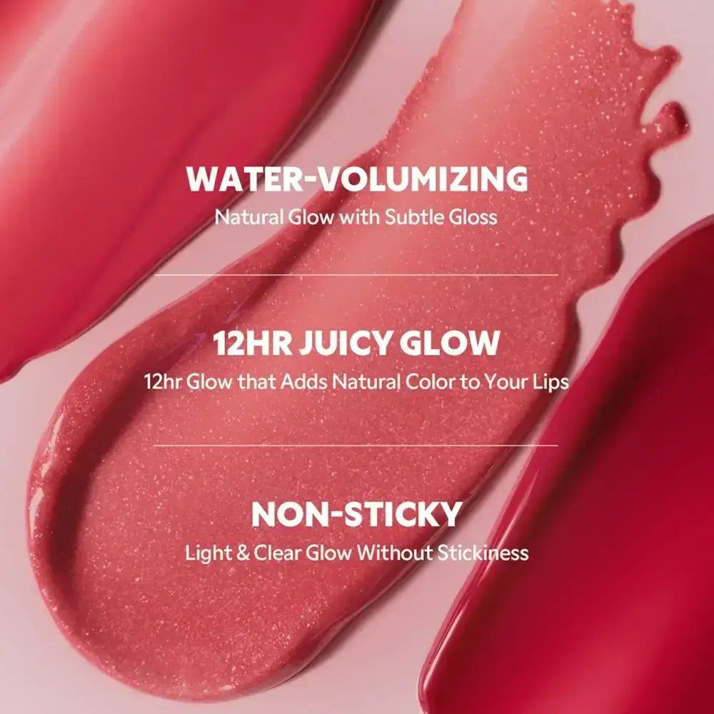 Text und Gloss-Schlieren: Water-Volumizing, 12HR Juicy Glow, Non-Sticky.