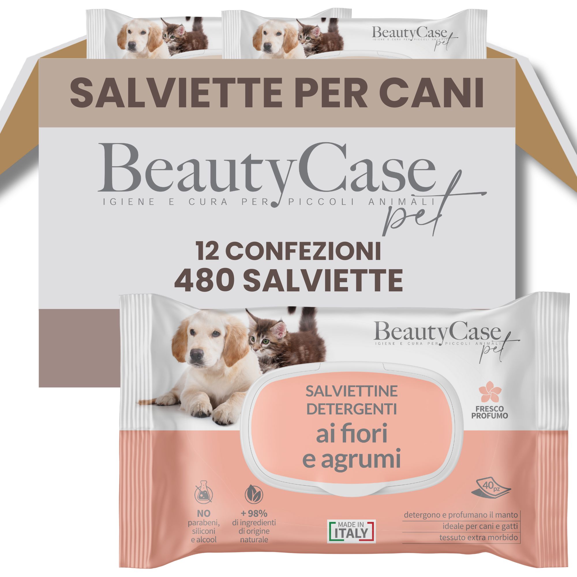 Packung mit 12 Packungen Salviette Detergenti Animali ai Fiori e Agrumi. 480 Tücher. Marke BeautyCase pet. Hergestellt in Italien.