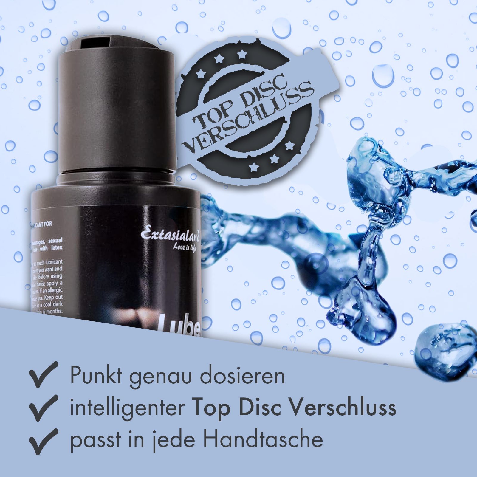 Schwarze Flasche mit schwarzem Deckel. Text: Extasialand Lube. Top Disc Verschluss. Blaue Grafik.