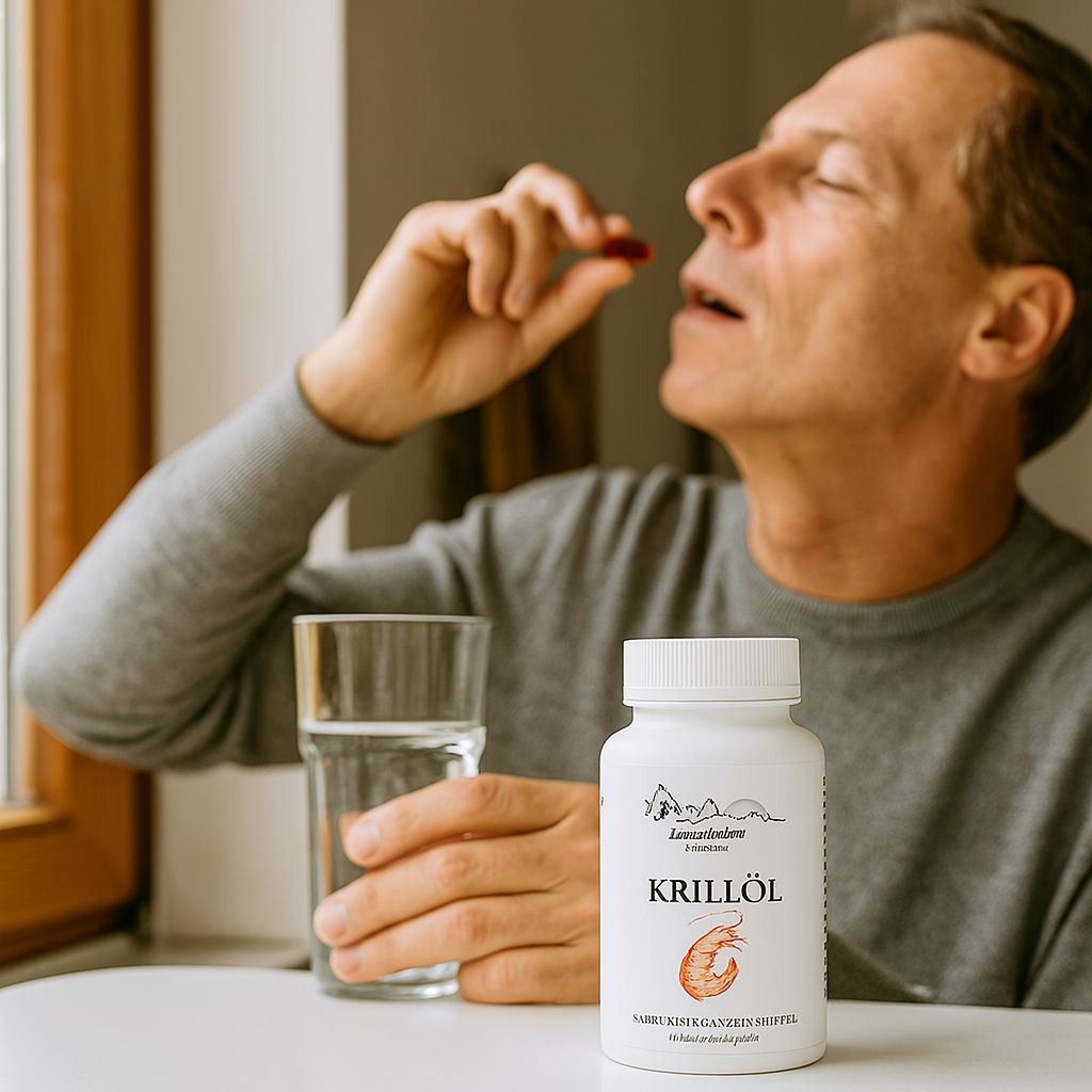 Mann nimmt Kapsel ein. Neben ihm: Glas Wasser, weiße Flasche mit Krillöl-Aufschrift.