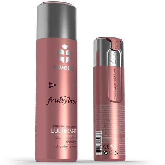Zwei rosa Flaschen mit silbernen Deckeln. Aufschrift: Fruity Love, Lubricant. CE-Zeichen.