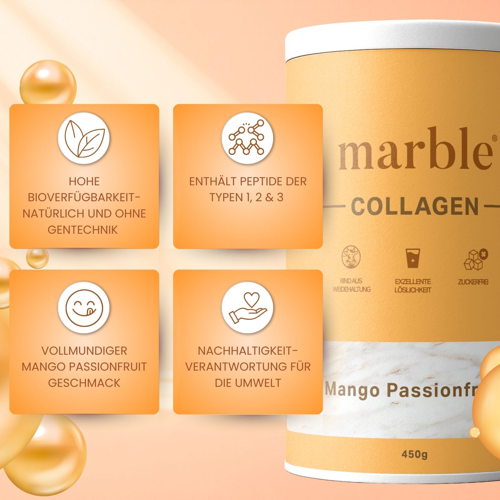 Dose marble Collagen, Mango-Passionfruit. Hohe Bioverfügbarkeit. Enthält Peptide der Typen 1, 2 & 3. Vollmundiger Mango-Passionfruit Geschmack.