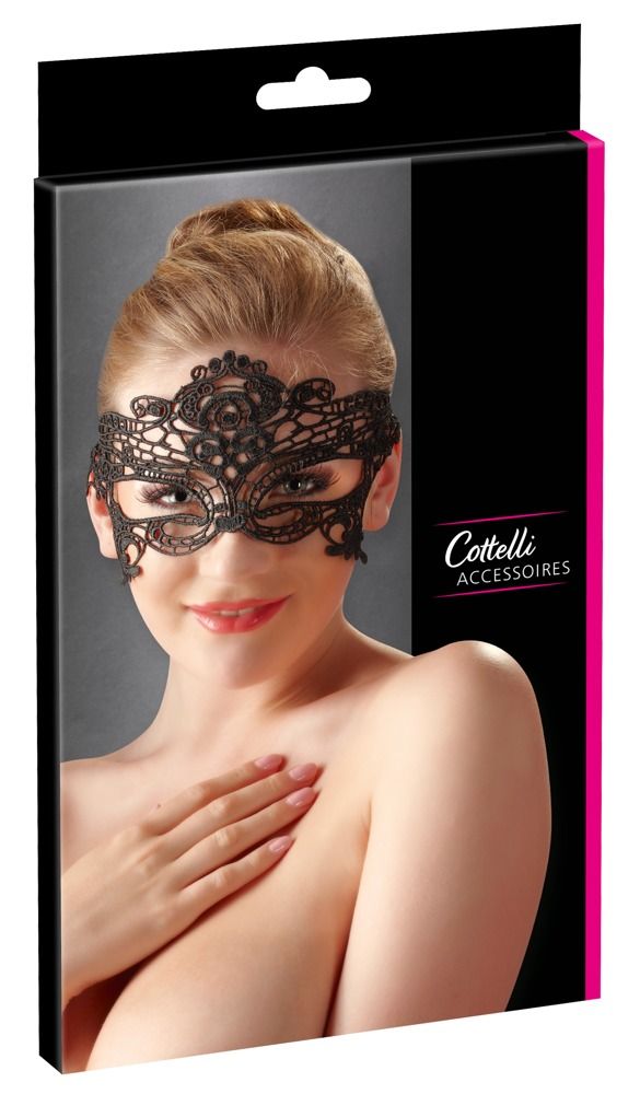Schwarze Augenmaske aus Spitze. Frau trägt die Maske. Verpackung mit Logo "Cottelli Accessoires".