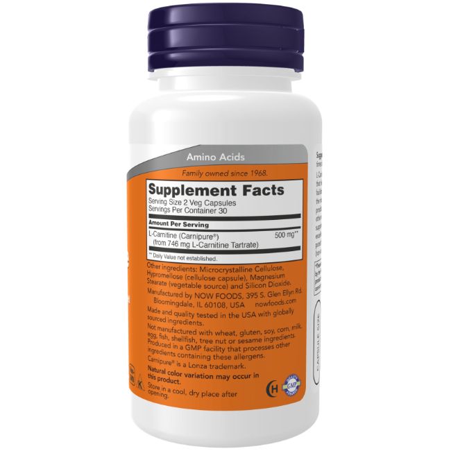 Rückseite einer Flasche Now Foods L-Carnitin 250 mg mit Nährwertangaben.