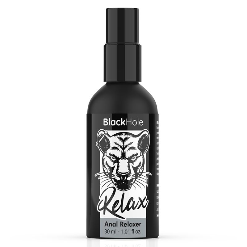 Schwarze Flasche mit Zerstäuber. Aufschrift Black Hole Relax, Tigerkopf-Logo. 30 ml.