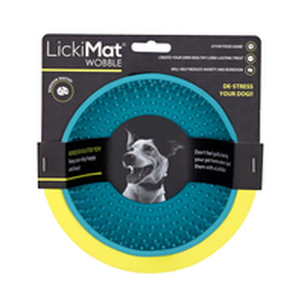 Türkisfarbene LickiMat Wobble auf Verpackung. Runde Form, gelber Rand. Text: LickiMat, Wobble, De-Stress Your Dog!
