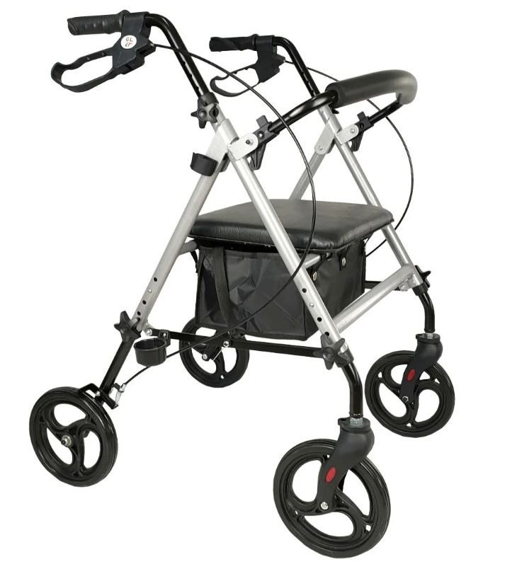 Rollator aus Aluminium mit 4 Rädern, schwarzem Sitz und Tasche. Griffe mit Bremsen. Becherhalterung.