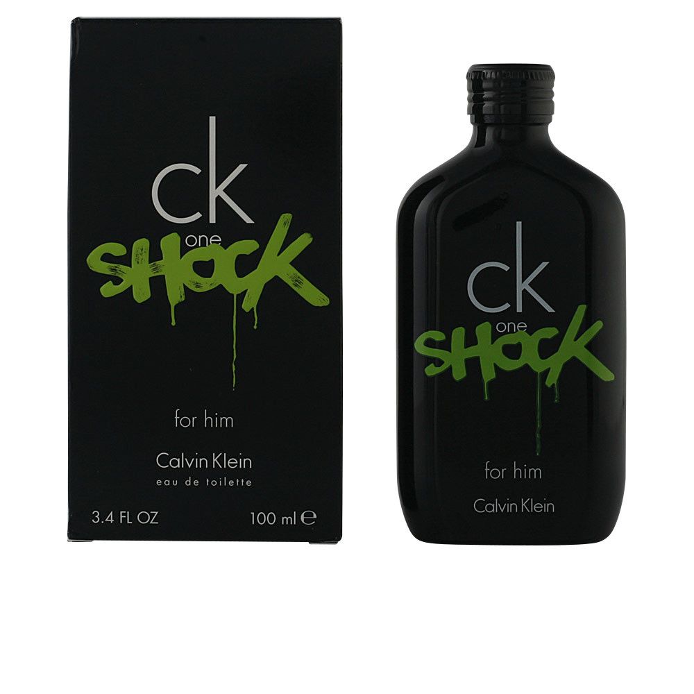 Schwarze Flasche und Verpackung von CK One Shock for him. Beschriftung: Calvin Klein, 3.4 FL OZ, 100 ml e.