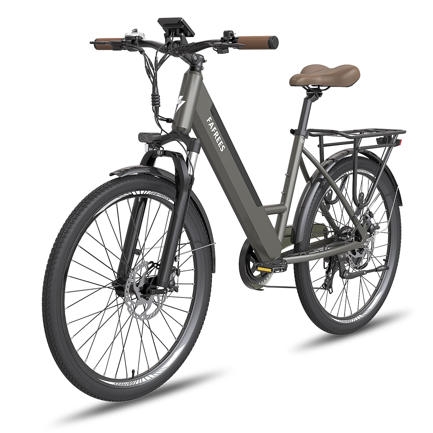 Graues E-Bike FAFREES. Braune Griffe, brauner Sattel. Gepäckträger. Schwarze Schutzbleche und Reifen. Frontansicht.