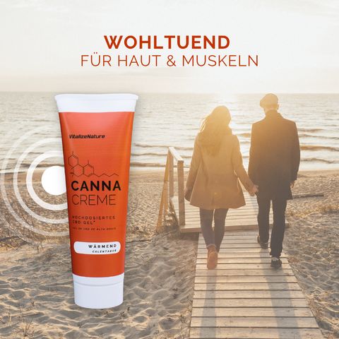 Paar geht am Strand entlang. Canna Creme Tube. Text: Canna Creme, wärmend.