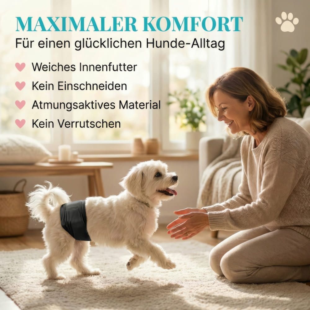 Hund mit schwarzer Bauchbinde interagiert mit einer Frau. Text: Weiches Innenfutter, kein Verrutschen.