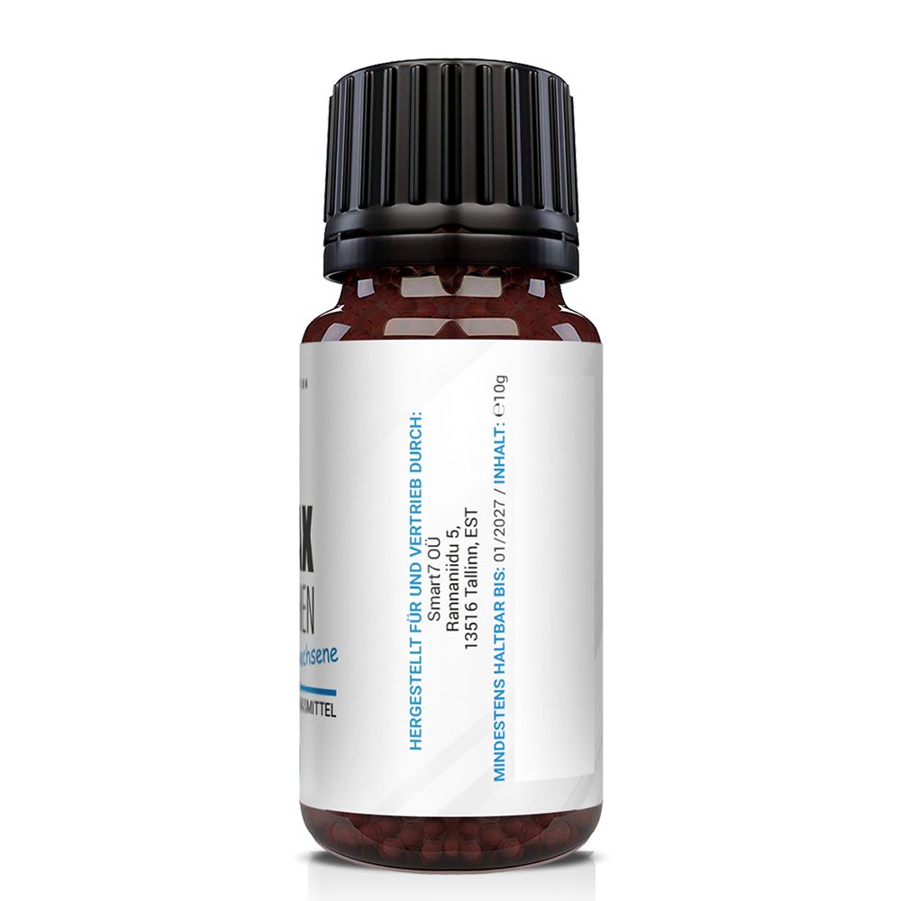 Braune Glasflasche mit schwarzem Deckel. Weißes Etikett mit Text: Relax Kügelchen, Mindesthaltbarkeit, Inhalt 10g.