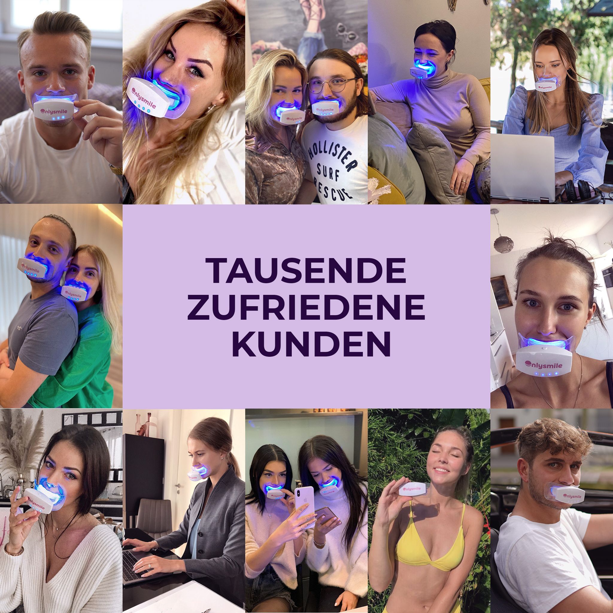 Collage von Menschen mit Mundstücken. Text: Tausende zufriedene Kunden.