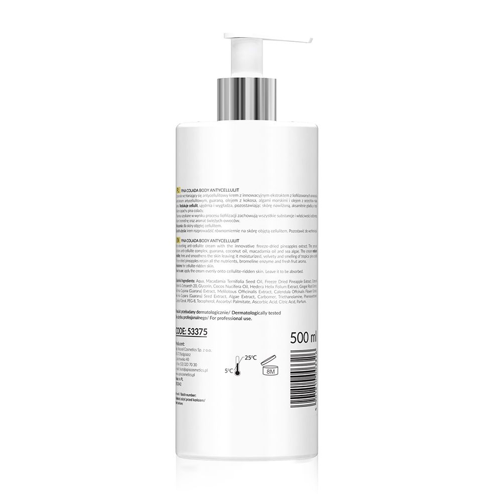 Rückseite der weißen Flasche mit Pumpe. Text und Barcode. Aufschrift: Anti-Cellulite.