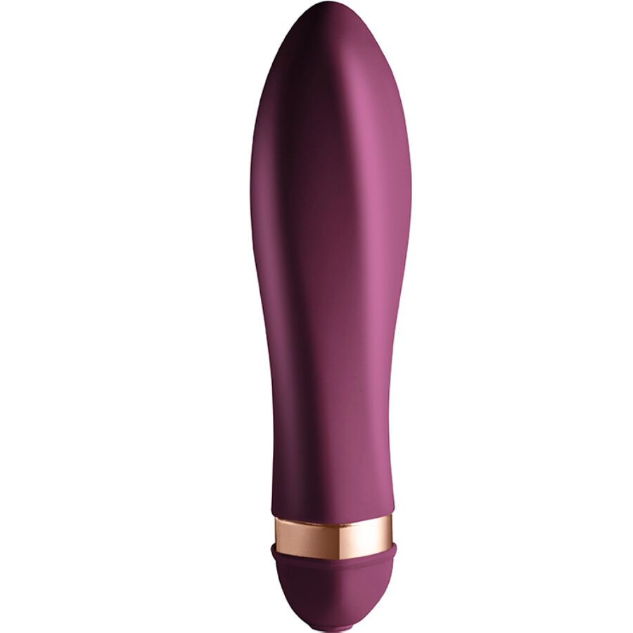 Vibrator in Lila mit goldfarbenem Ring. Konische Form, abgerundete Spitze.
