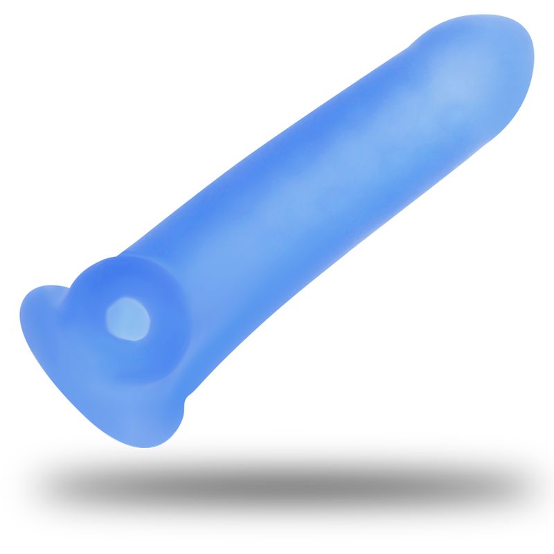 Blauer Silikon-Penis. Zylindrische Form mit abgerundeter Spitze und Basis. Perspektivische Ansicht, Schatten.