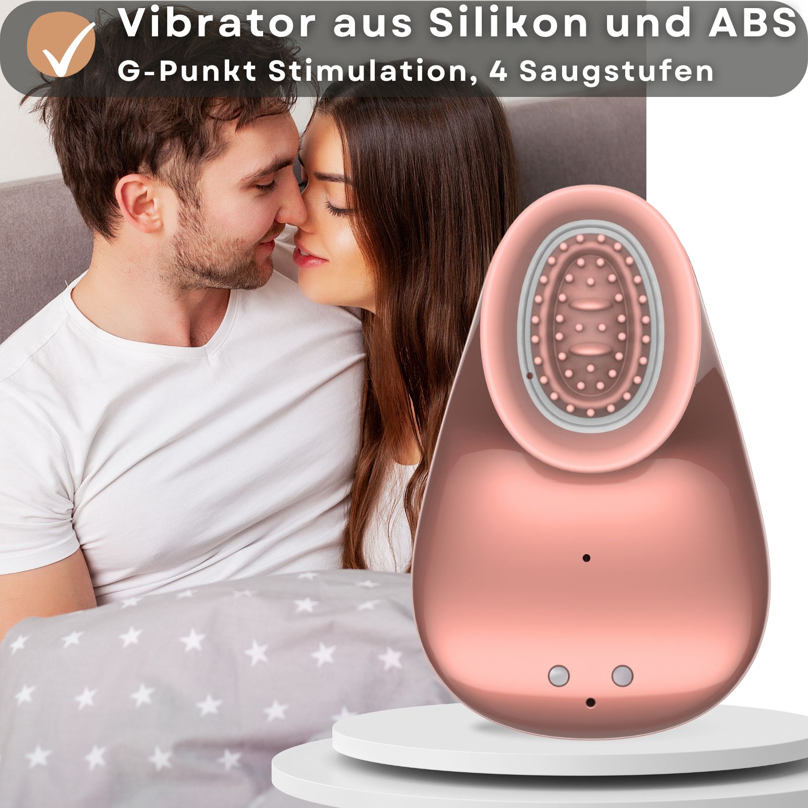 Rosa Sauger-Vibrator, Tropfenform, mit strukturiertem Kopf. Paar im Hintergrund. Text: Vibrator aus Silikon und ABS, G-Punkt Stimulation, 4 Saugstufen.