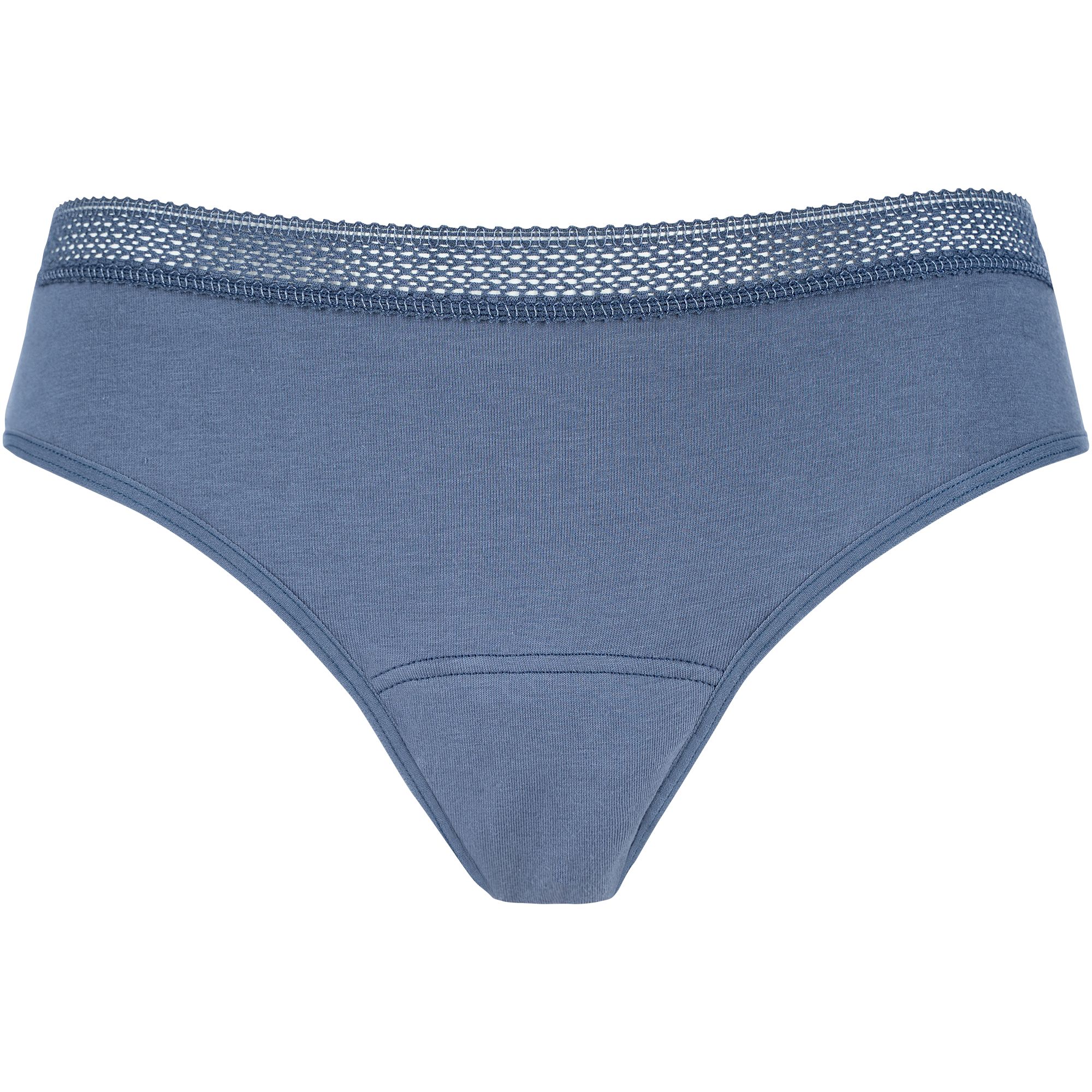 Blaue Periodenunterwäsche mit Spitze am Bund. Aus Baumwolle.