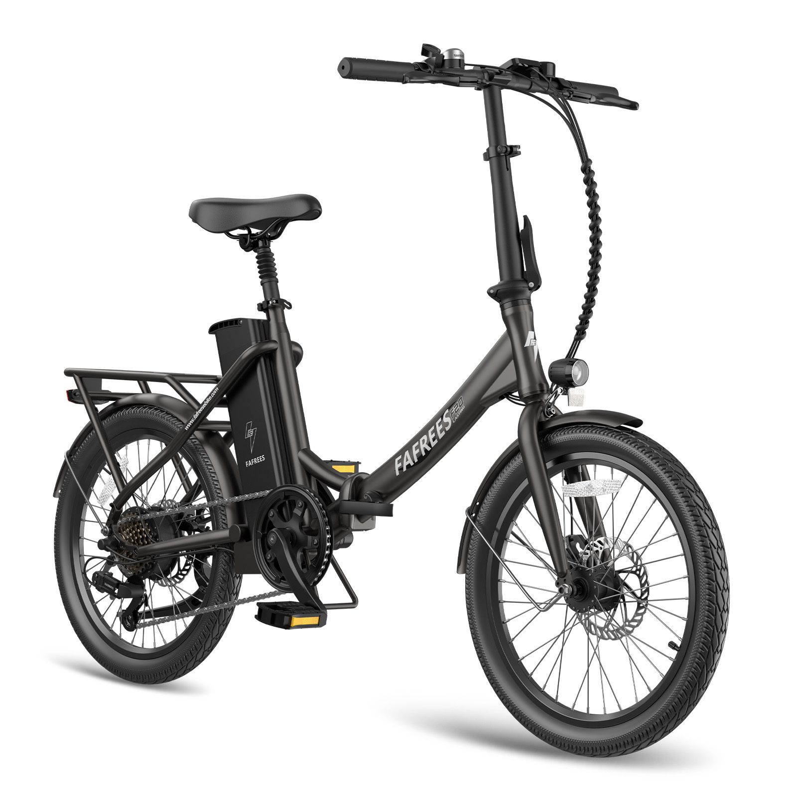 Fafrees F20 E-Bike, anthrazitfarben. Schrägansicht. Mit Gepäckträger, Schutzblechen und Akku. Marke und Modellbezeichnung.