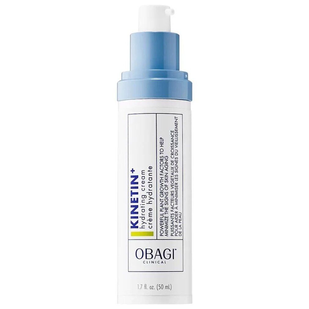 Weiße Flasche mit blauem Pumpkopf. Beschriftung Kinetin+ hydrating cream. Marke Obagi Clinical.