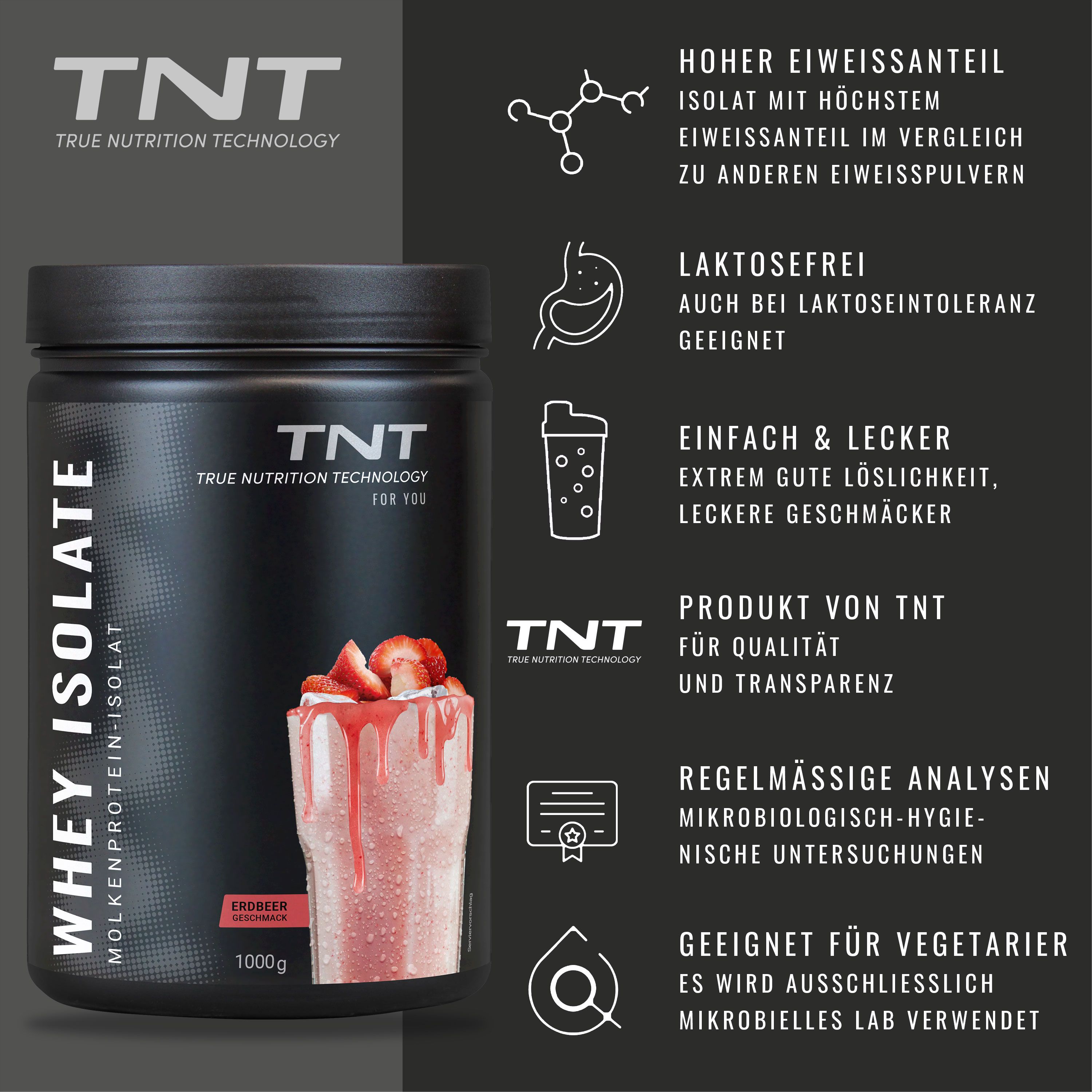 Schwarze Dose TNT Whey Isolate. Text: Hoher Eiweißanteil, geringer Kohlenhydrat- und Fettanteil.