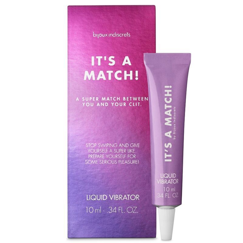 Produktverpackung und Tube. Aufschrift: IT'S A MATCH! Liquid Vibrator, 10 ml, 0.34 FL OZ.