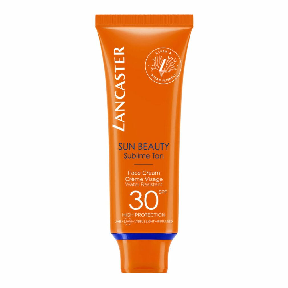 Orange Tube mit weißer Schrift. Text: Lancaster, Sun Beauty, Sublime Tan, Face Cream, SPF 30. Blauer Verschluss.