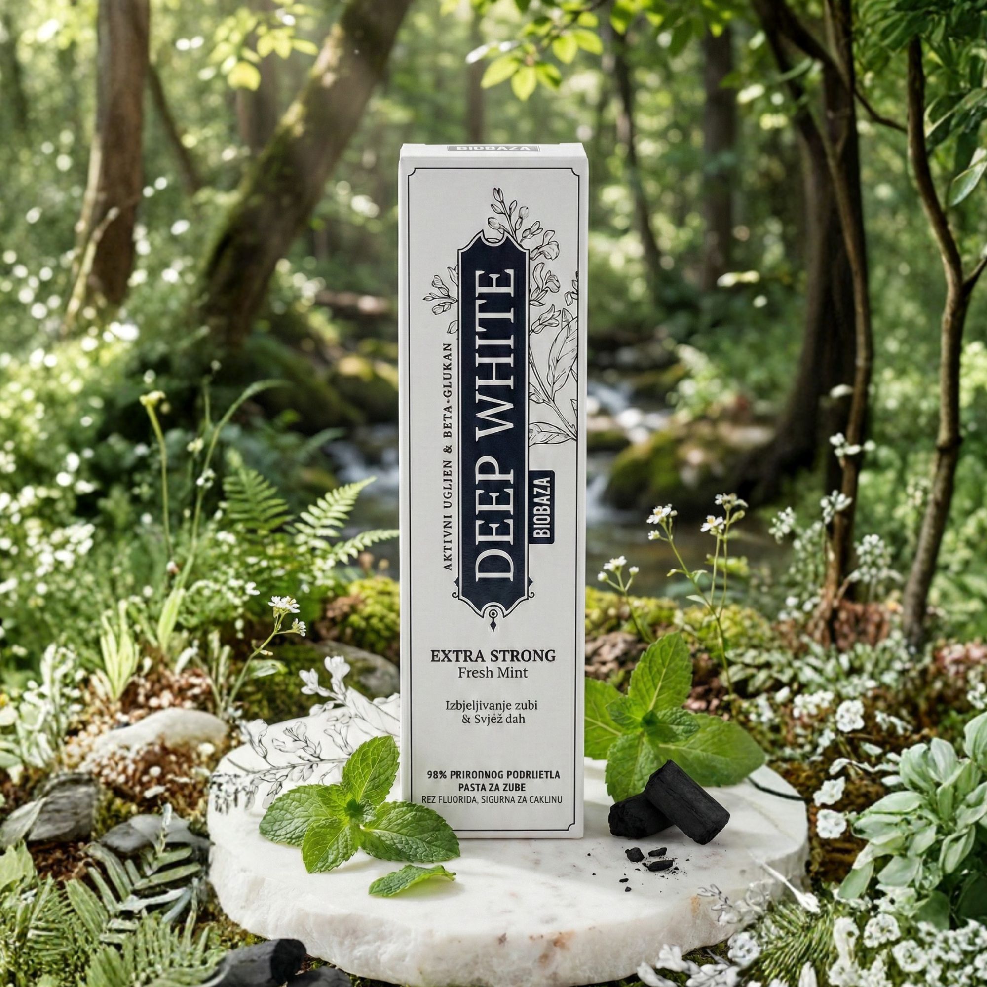 Zahncreme-Verpackung "DEEP WHITE" mit Logo, Kräutern und Holzkohle auf einer Marmorplatte. Hintergrund: Wald und Wasser.