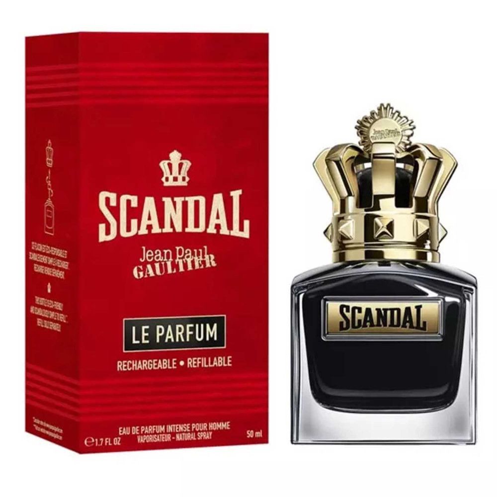 Dunkles Parfümflakon mit goldener Krone und roter Verpackung. Aufschrift: Scandal Le Parfum. 50ml.