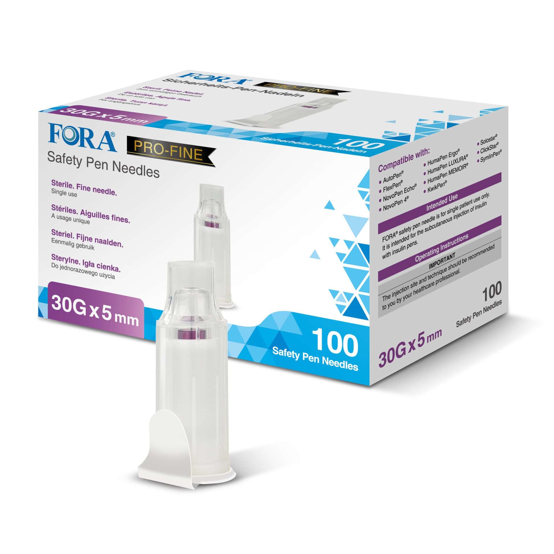 FORA Pro-Fine Safety Pen Needles 30G x 5mm, 100 Stück. Sterile, feine Nadeln für Insulinpens.