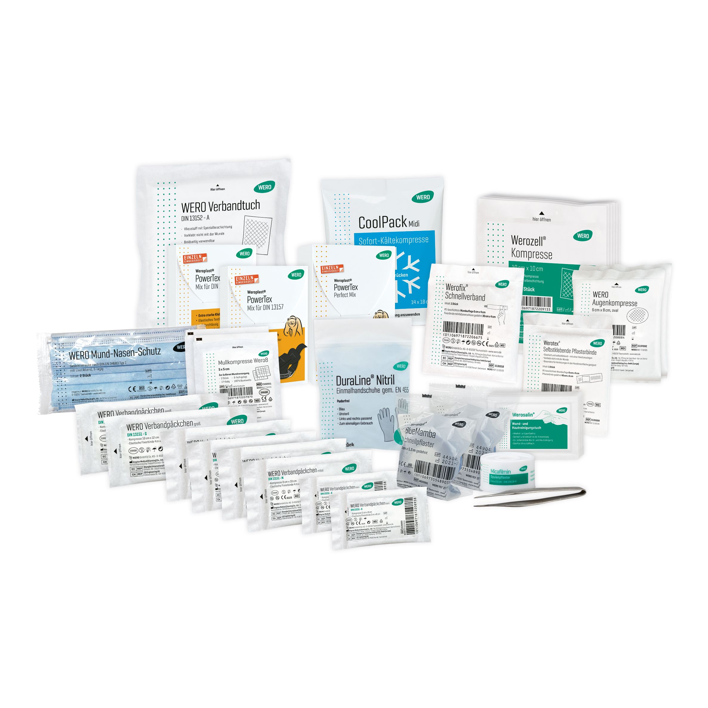 WERO Austausch-Set DIN 13157. Verbandmaterial, Kühlpack, Kompressen, Pflaster, Handschuhe, Pinzette. Verschiedene Verpackungen.