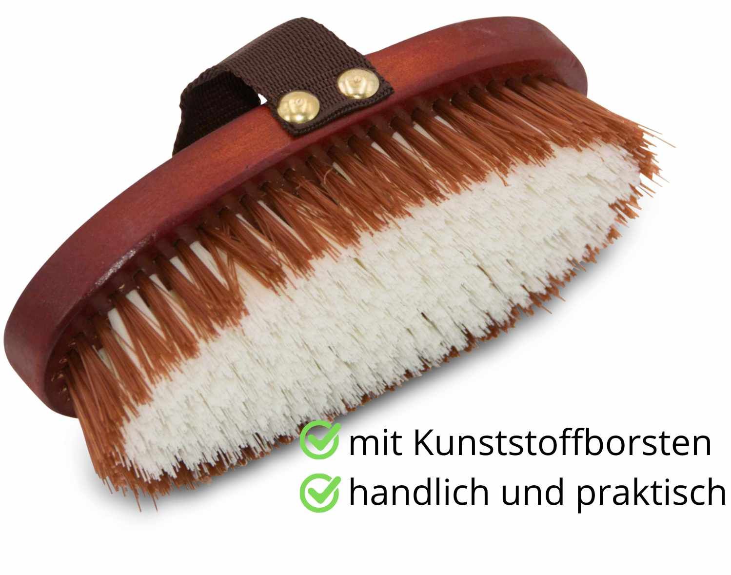 AMKA Pferdebürste mit Kunststoffborsten. Brauner Holzrücken, braune und weiße Borsten. Handlich und praktisch.