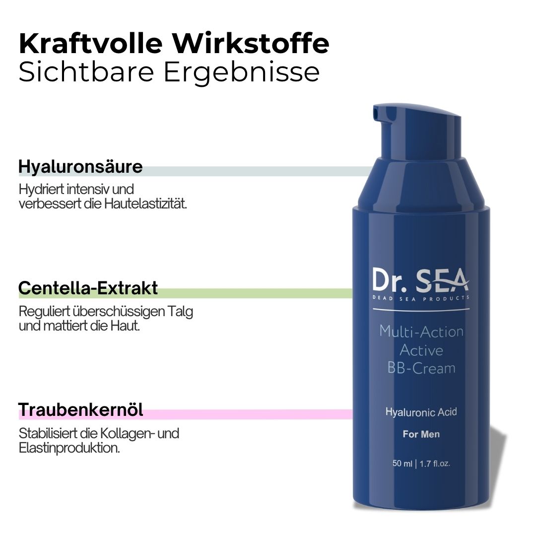 Blaue Flasche mit Dr. SEA Multi-Action BB-Cream für Männer. Text über Inhaltsstoffe: Hyaluronsäure, Centella-Extrakt, Traubenkernöl.