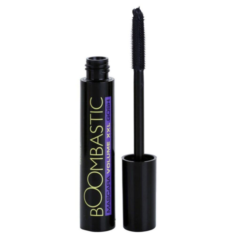 Gosh Boombastic XXL Volume Mascara in schwarzer Verpackung mit goldener und violetter Schrift.