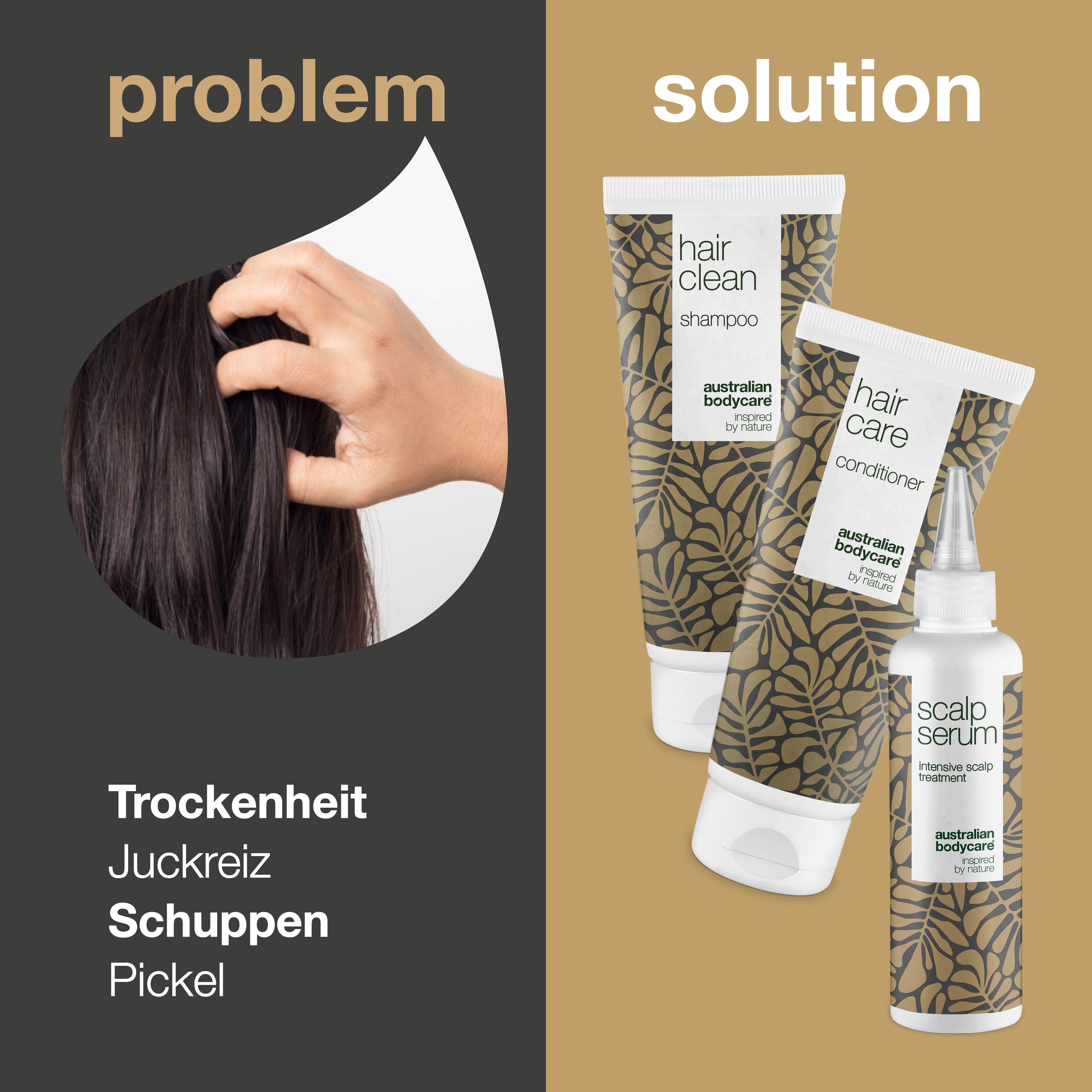 Vergleich: Problem und Lösung. Shampoo, Conditioner und Serum. Weiße Flaschen mit braunem Blattmuster. Australian Bodycare.