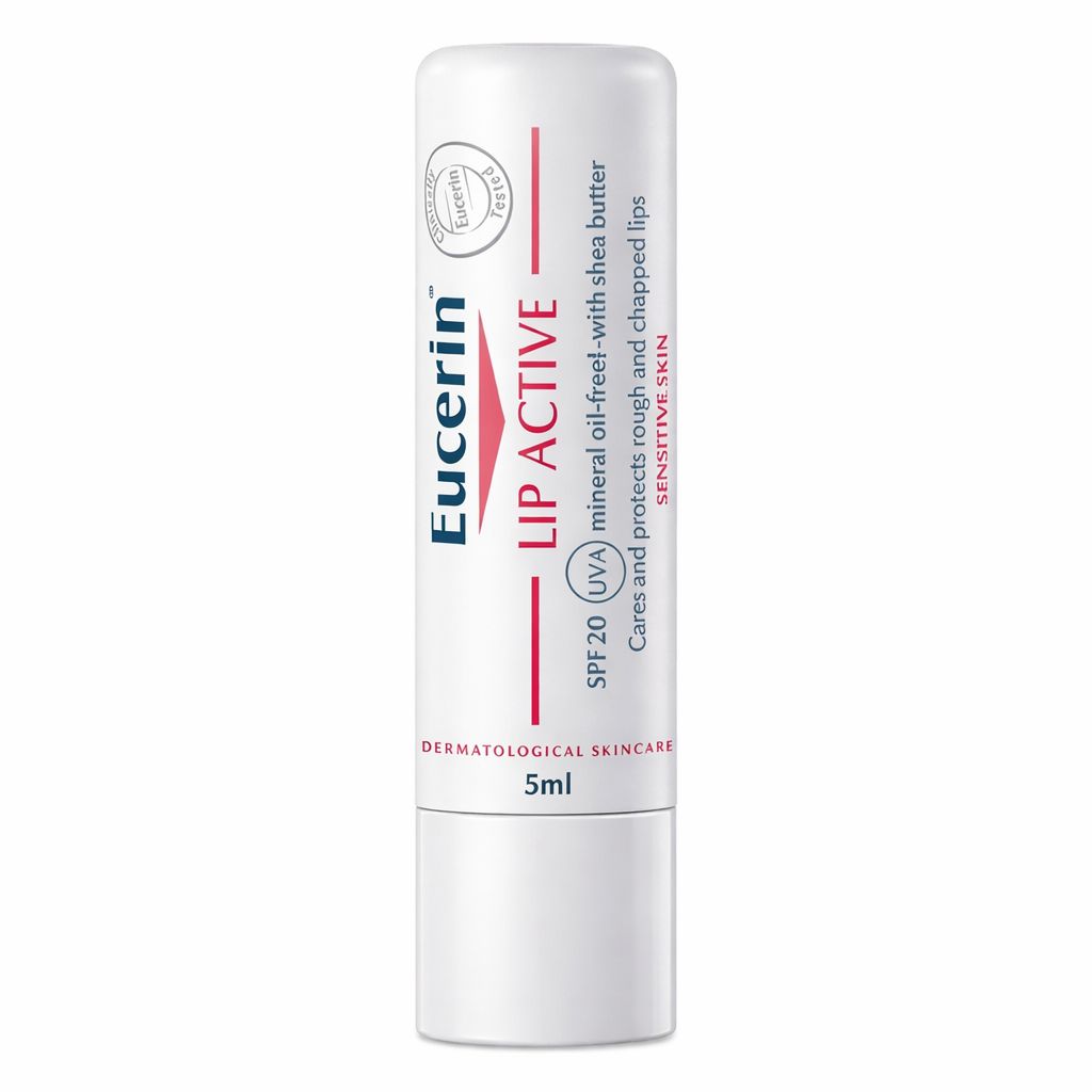 Weißer Lippenbalsam-Stift. Aufschrift: Eucerin, LIP ACTIVE, SPF 20. Enthält Sheabutter. Für raue und rissige Lippen. 5ml.